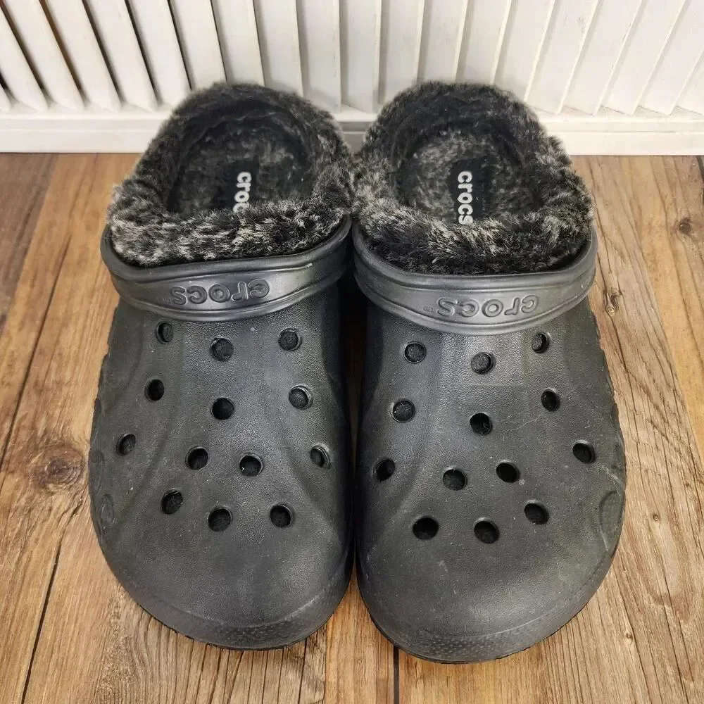 Crocs Baya Lined Clogs Mens Sz 9 Black Faux Fur Fleece Lining Slip On Shoes